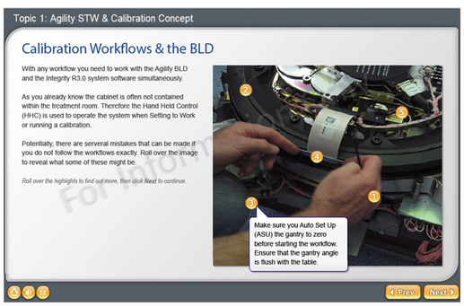 Elekta calibration workflow training screen showing the Agility BLD cabinet