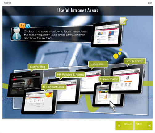 SThree interactive learning screen introducing useful company intranet areas